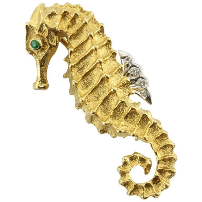 Tiffany & Co 18K Yellow Gold Diamond Emerald Seahorse Pin Brooch Vintage RARE - Queen May