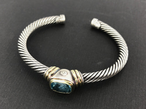 David Yurman Sterling Silver 14K Gold Blue Topaz Cable Cuff Bracelet - Queen May
