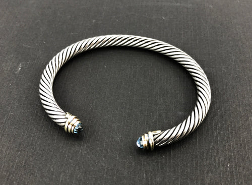 David Yurman Sterling Silver 14K Gold Blue Topaz Classic Cable Cuff Bracelet - Queen May