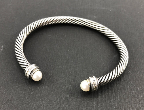 David Yurman Pearl & Diamond Classic Cable Cuff Bracelet - Queen May
