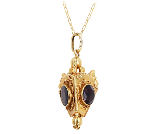 Mid Century Italian Etruscan Revival 18K Yellow Gold Garnet Charm Pendant Necklace - Queen May