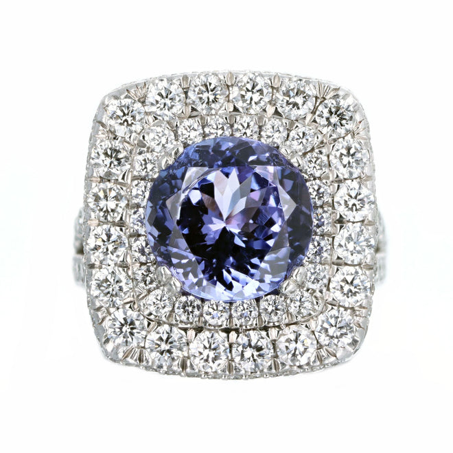 18K White Gold 5.25 Carat Tanzanite & Diamond Double Halo Split Shank Ring - Queen May