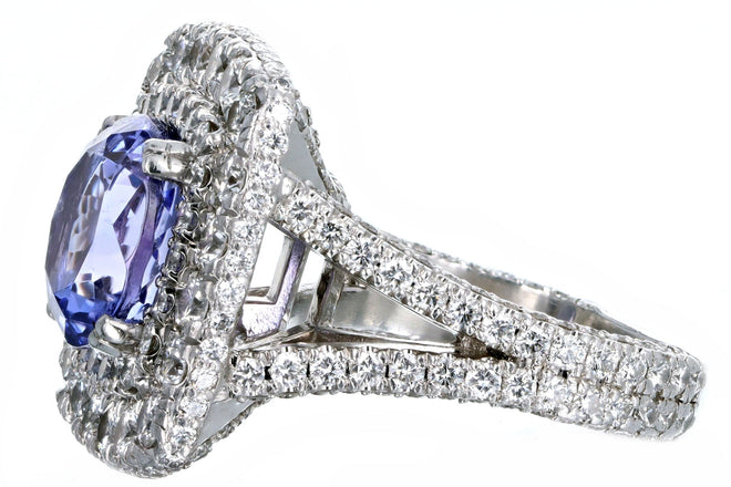 18K White Gold 5.25 Carat Tanzanite & Diamond Double Halo Split Shank Ring - Queen May