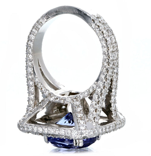 18K White Gold 5.25 Carat Tanzanite & Diamond Double Halo Split Shank Ring - Queen May