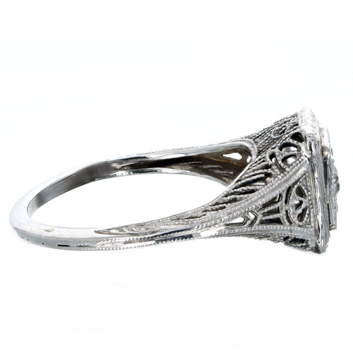 Art Deco 18K White Gold 0.10 Carat Old European Diamond Filigree Engagement Ring - Queen May