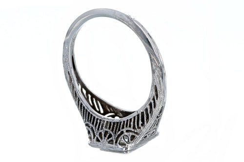 Art Deco 18K White Gold 0.10 Carat Old European Diamond Filigree Engagement Ring - Queen May