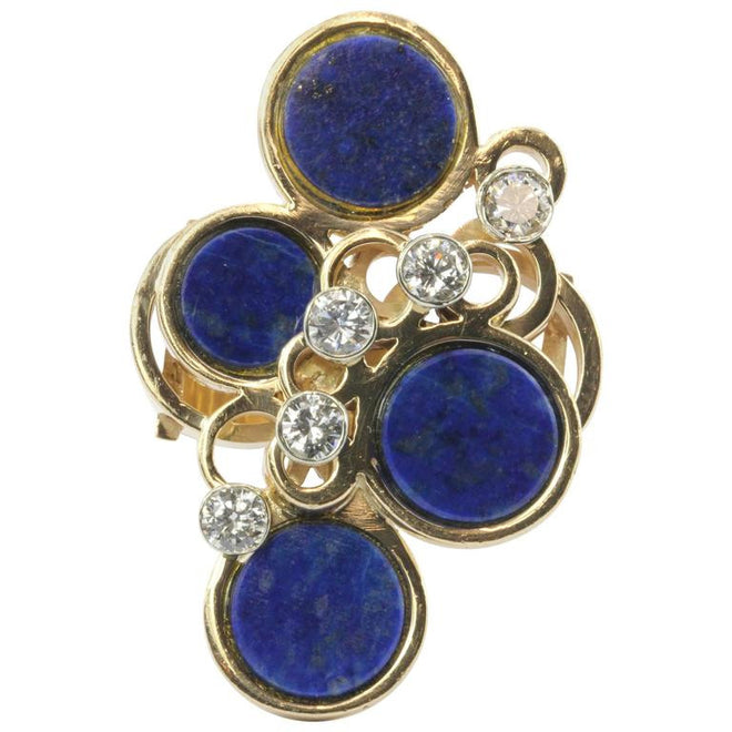 14k gold lapis disc and diamond mid century cocktail ring - Queen May