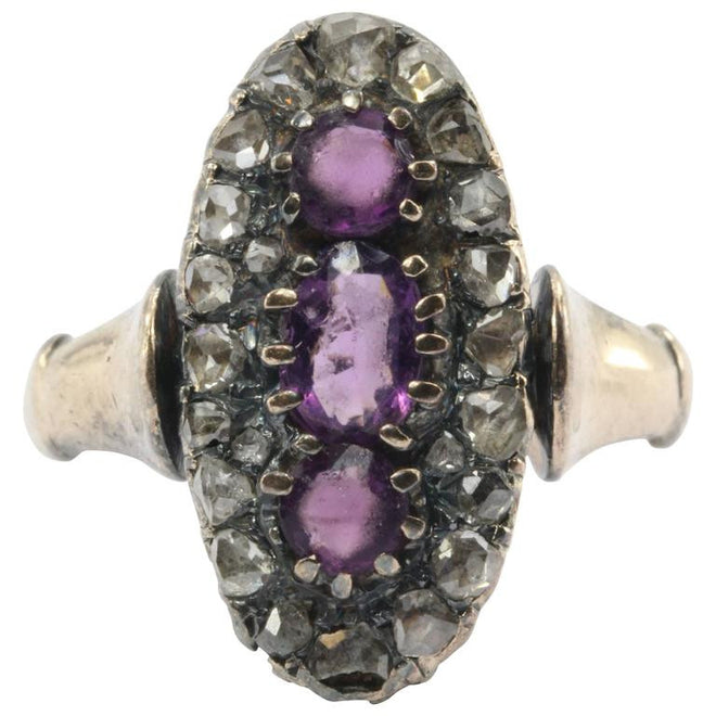 Antique 10K Gold Georgian Rose Cut Diamond Purple Paste Ring - Queen May