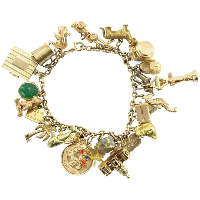 Antique 1940's 14k Gold Loaded 26 Charm Bracelet w Cartier & Tiffany Co Charm - Queen May