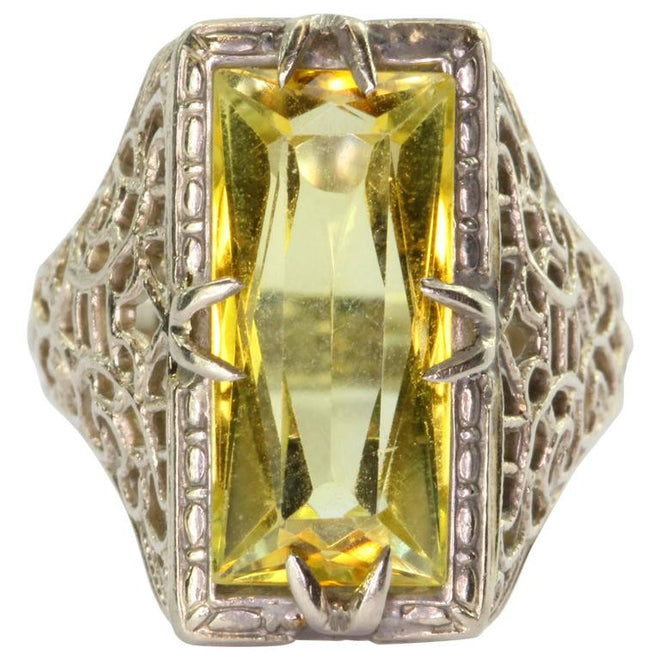 Antique Art Deco 14K White Gold Yellow Sapphire Ring - Queen May