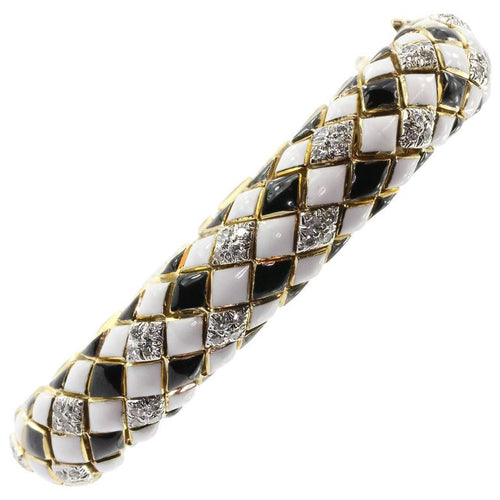 David Webb 18K Gold & Platinum Black & White Enamel & Diamond Flexible Bracelet - Queen May