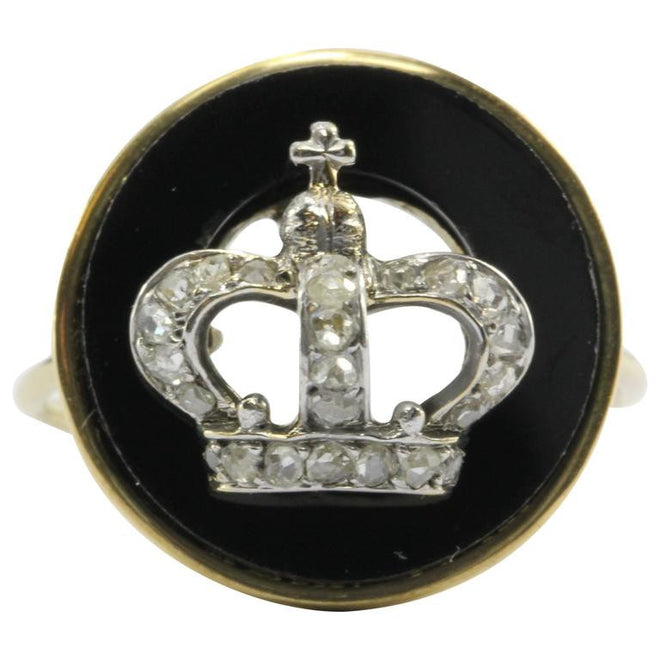 Antique Victorian 18K Rose Cut Diamond & Onyx Royal Crown Signet Conversion Ring - Queen May