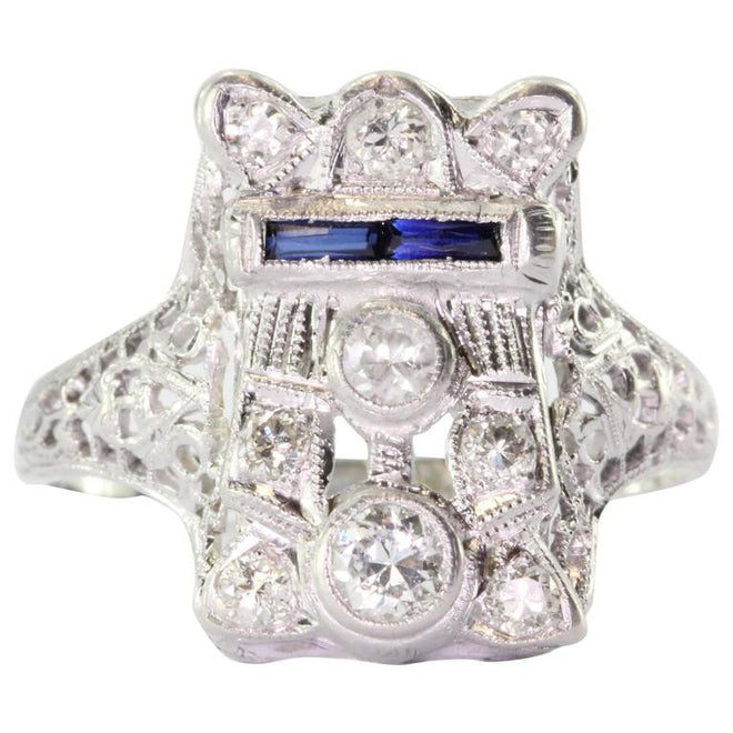 Antique Art Deco 14K White Gold Belais Diamond & Sapphire Ring - Queen May