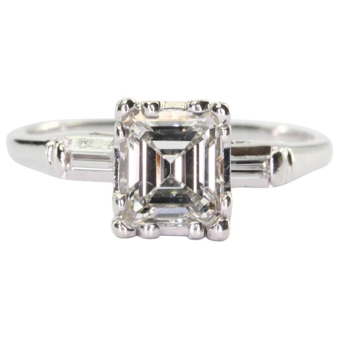 Antique Art Deco 14K White Gold 1 Carat Emerald Cut Diamond Engagement Ring - Queen May