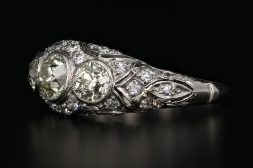 Art Deco Platinum Old European Cut Fancy Light Yellow 3 Stone Cluster Ring C.1920's - Queen May
