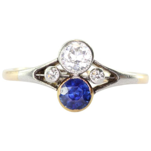 Antique Edwardian 14K Gold & Platinum Top Diamond Sapphire Ring - Queen May