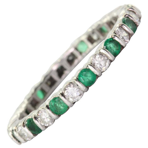 Antique Platinum Diamond & Emerald Eternity Band Ring - Queen May