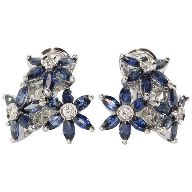 18K White Gold Sapphire & Diamond Triple Flower Earrings - Queen May