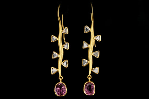 Modern 22K Yellow Gold Pink Spinel and Trillion Rose Cut Diamond Earrings - Queen May