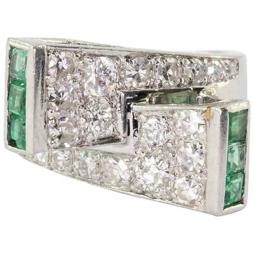 Platinum Paul Lackritz and Co. Art Deco Diamond and Emerald Ring 1930's - Queen May