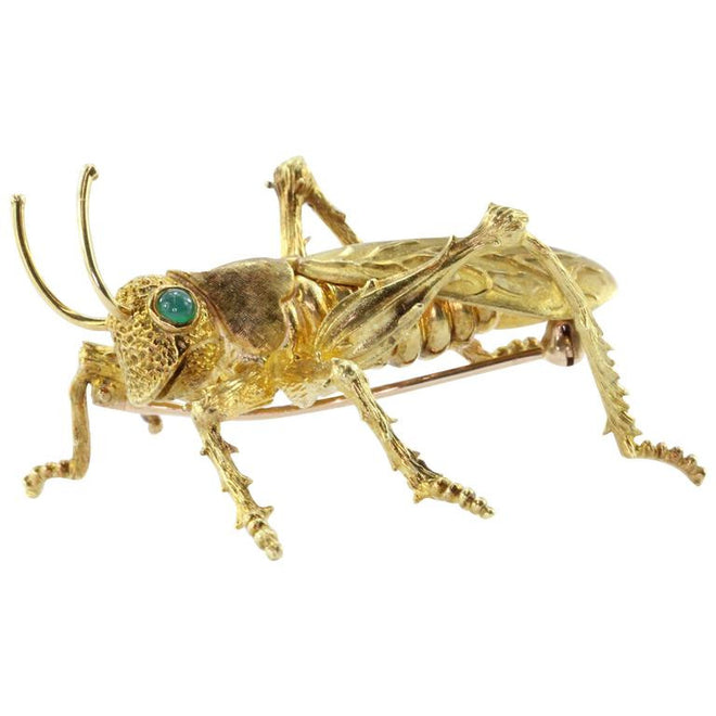 18K Gold Emerald Kurt Wayne Naturalistic Grasshopper Brooch Pin - Queen May