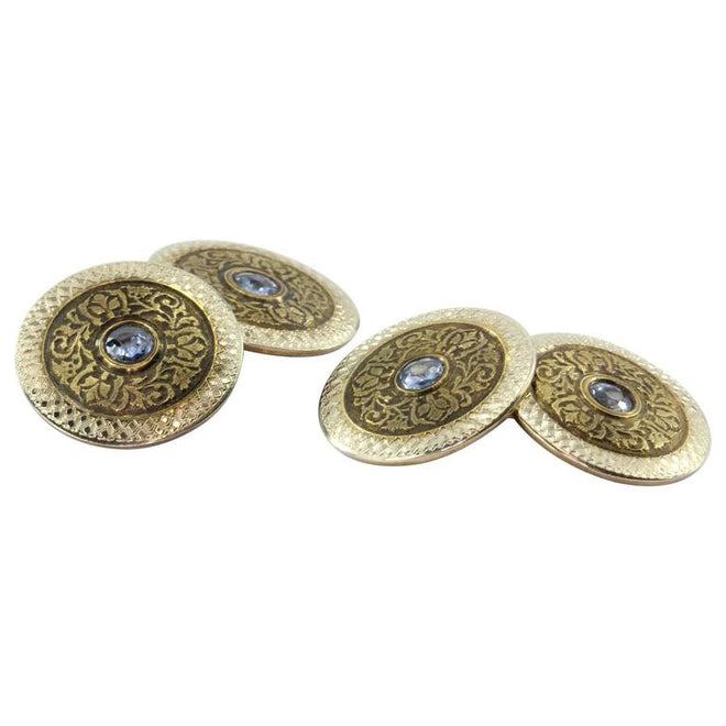 14K Yellow Gold Platinum Ceylon Sapphire Wiegand Bros Wisconsin Cufflinks - Queen May