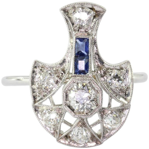 Art Deco Platinum, Old European Diamond Sapphire Conversion Ring - Queen May