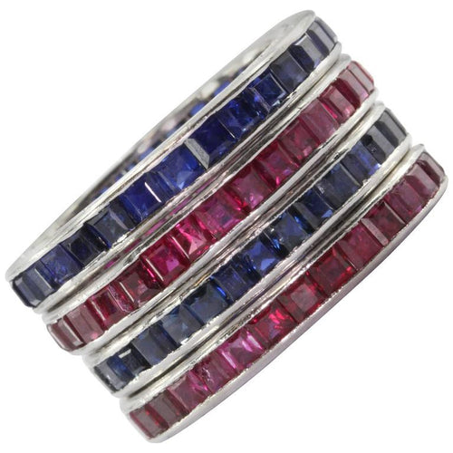 4 Stackable Art Deco Tiffany & Co Platinum Ruby Sapphire Eternity Bands c.1930 - Queen May