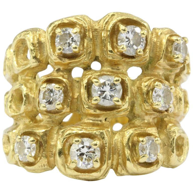 18K Gold Chunky Modernist Italian Honeycomb Diamond Ring c.1970 - Queen May