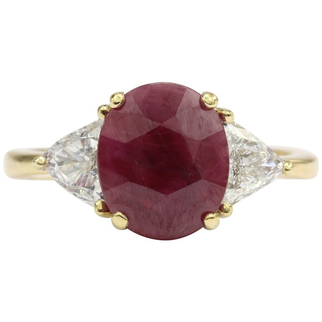 2.75 Carat Burma Ruby & Trillion Cut Diamond 18K Gold Engagement Ring GIA Cert - Queen May