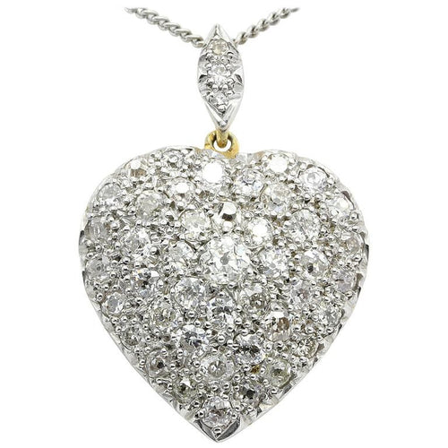 Edwardian 18K Gold and Platinum Top Old European Cut Diamond Heart Pendant 24mm - Queen May