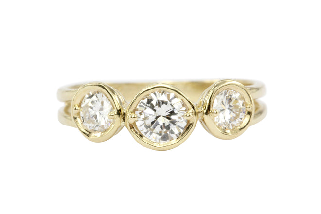 14K Yellow Gold Three Stone Diamond Ring - Queen May