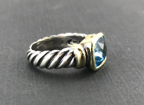David Yurman Sterling Silver 14 Gold Blue Topaz Noblesse Ring size 6 - Queen May