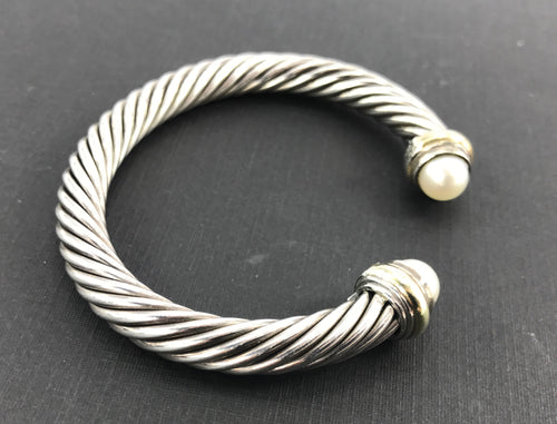 David Yurman Sterling Silver 14K Gold Pearl Classic 7mm Cable Cuff Bracelet - Queen May