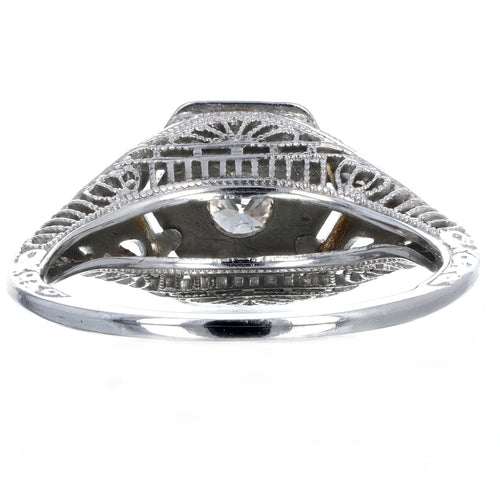 Art Deco 18K White Gold 0.15 Carat Old European Diamond Filigree Engagement Ring - Queen May