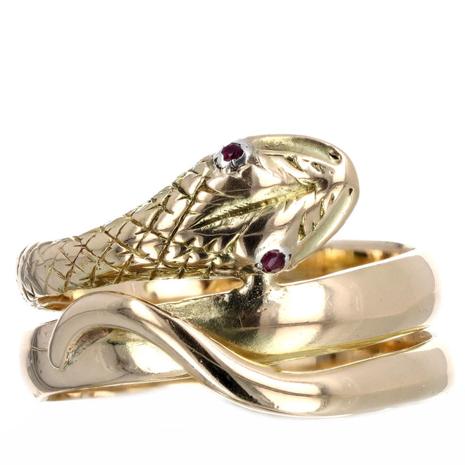 Victorian 18K Yellow Gold Synthetic Ruby Snake Ring - Queen May