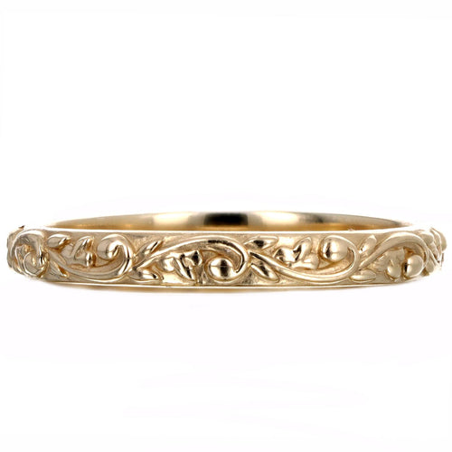 14K Yellow Gold Vintage Inspired Floral Engraved Stackable Wedding Band - Queen May
