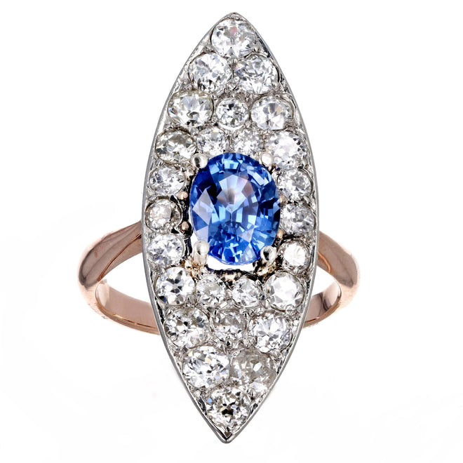 Edwardian 1.86 Carat Oval Natural Sapphire Diamond Navette Ring in 10K Rose Gold & Platinum - Queen May