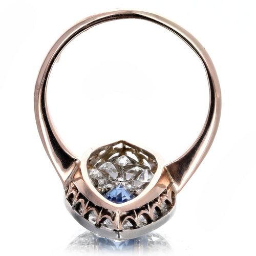 Edwardian 1.86 Carat Oval Natural Sapphire Diamond Navette Ring in 10K Rose Gold & Platinum - Queen May