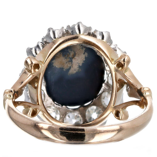 Victorian Inspired 1.40 Carat Black Opal & Old European Diamond Halo Ring in 18K Yellow Gold - Queen May