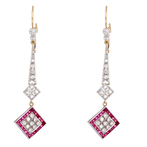 Art Deco French Cut Natural Ruby Single Cut Diamond Drop Earrings in Platinum 18K Yellow Gold - Queen May
