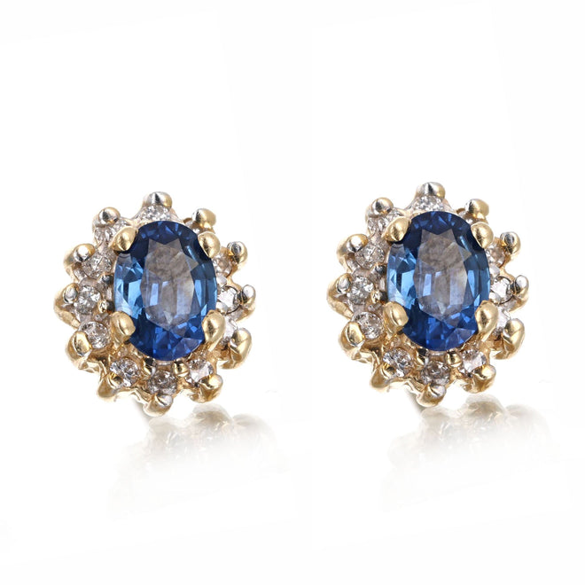 14K Yellow Gold 1.70 Carat Total Weight Oval Natural Sapphire & Diamond Halo Stud Earrings - Queen May