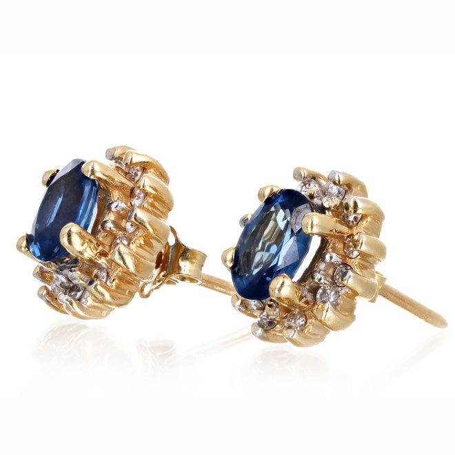14K Yellow Gold 1.70 Carat Total Weight Oval Natural Sapphire & Diamond Halo Stud Earrings - Queen May