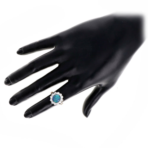 Victorian Inspired 1.40 Carat Black Opal & Old European Diamond Halo Ring in 18K Yellow Gold - Queen May