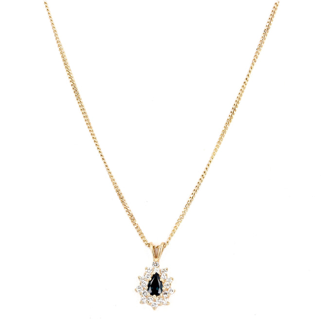 14K Yellow Gold 0.42 Carat Pear Natural Sapphire & Diamond Halo Pendant Necklace - Queen May