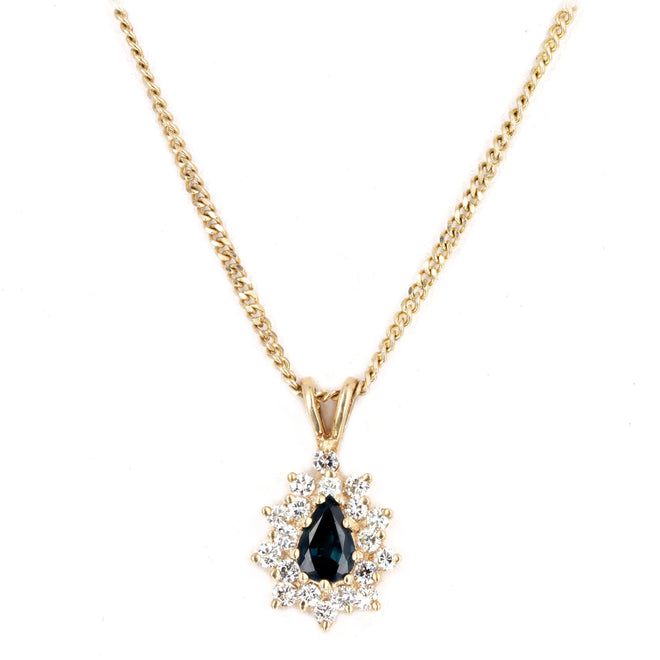 14K Yellow Gold 0.42 Carat Pear Natural Sapphire & Diamond Halo Pendant Necklace - Queen May