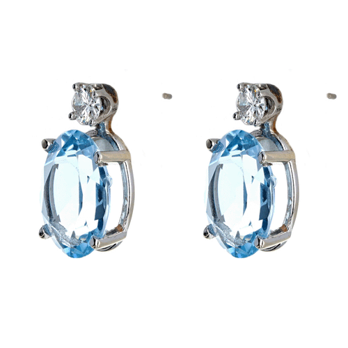 14K White Gold 12 Carat Total Weight Oval Blue Topaz & Diamond Stud Earrings - Queen May