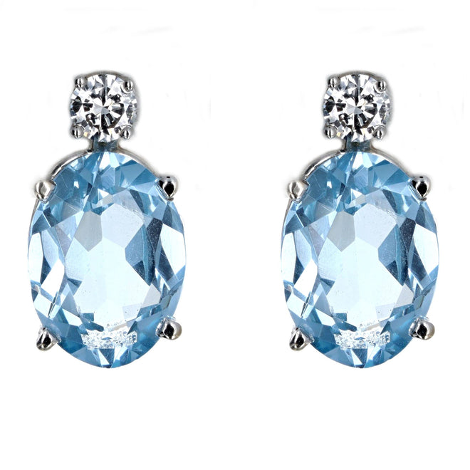 14K White Gold 12 Carat Total Weight Oval Blue Topaz & Diamond Stud Earrings - Queen May