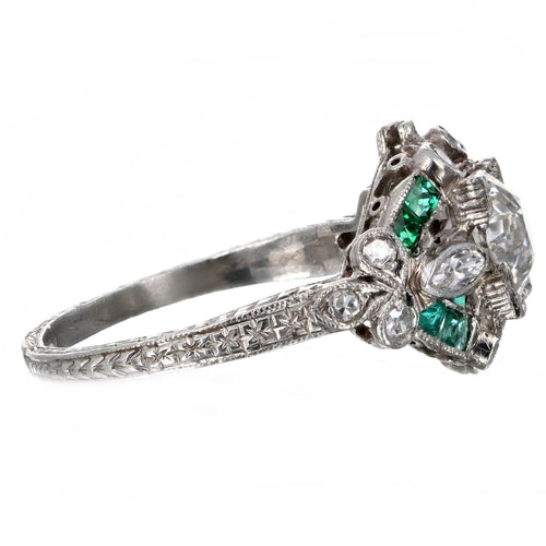 Art Deco Platinum 0.90 Carat Old European Cut Diamond & Natural Emerald Engagement Ring - Queen May