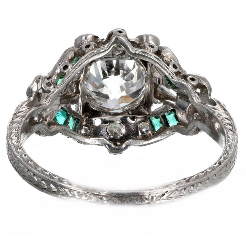 Art Deco Platinum 0.90 Carat Old European Cut Diamond & Natural Emerald Engagement Ring - Queen May